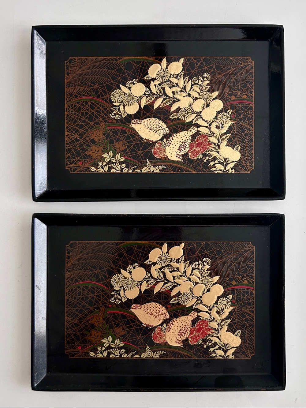 Vintage Otagiri Japan 2 Black Lacquer Trays Gold Quail Red Floral Mid Century